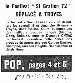 Golden Earring show announcement March 1972 Troyes (France) - L′Aube Saint Gratien'72 festival